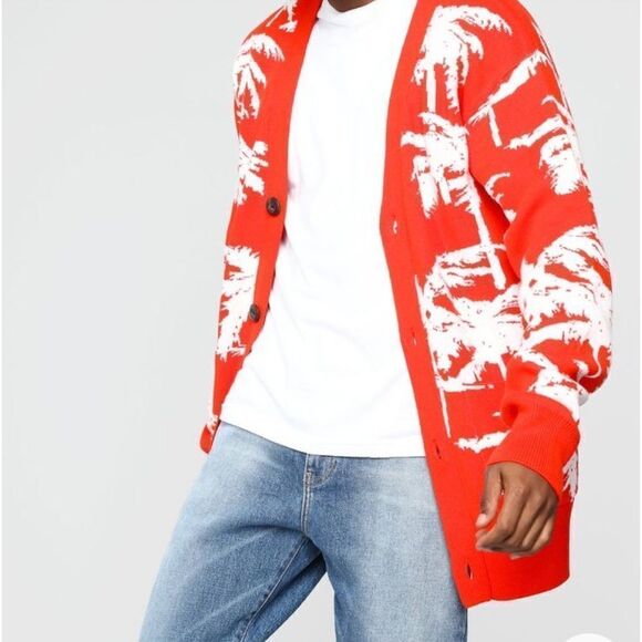 Fashion Nova Small Men Red Cardigan Sweater White topicals Print Long Sleeve - Picture 1 of 6